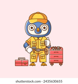 Cute pingüino mecánico con herramienta en el taller de dibujos animados personaje animal mascota icono de estilo plano conjunto de conceptos de ilustración