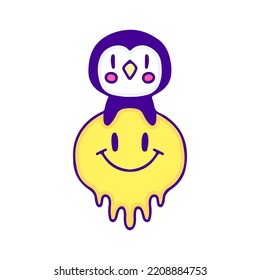 Cute penguin with melted emoji face doodle art, illustration for t-shirt, sticker, or apparel merchandise. With modern pop style.