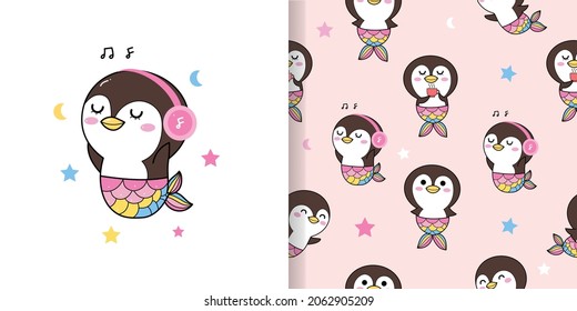 cute penguin mermaid cartoon pattern seamless on pink background with relax time. drinking coffee, listening music, and happy.