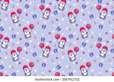 Cute Penguin and merry christmas with seamless pattern