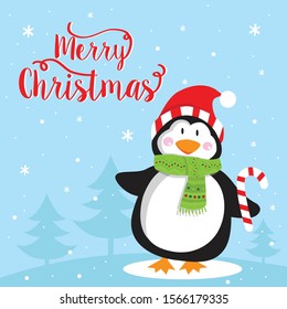 cute penguin with merry christmas text vector