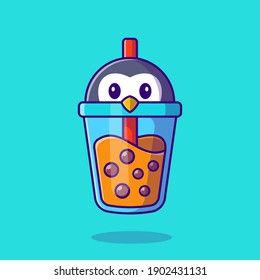 Ilustración del icono del vector de dibujos animados de Té de leche de pingüino. Vector Premium Aislado Con El Concepto De Icono De Bebida Animal. Estilo de dibujo plano