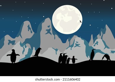 cute penguin and moon silhouette