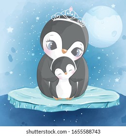 Cute penguin mother and baby