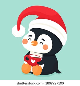 Cute penguin with a mug of cocoa and a santa hat. Vector character in flat cartoon style.