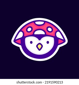 Cute penguin with mushroom hat illustration. Artwork for street wear, t shirt, posters, bomber jackets, hoodie, patchworks, enamel pins; for clothes.