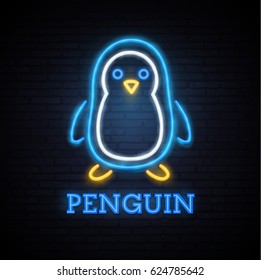 Cute penguin neon. A bright sign. Logo. Emblem. Banner. Vector image