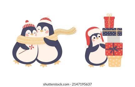 Cute Penguin as New Year Character in Hat and Scarf Hugging and Standing Near Pile of Gift Box Vector Set