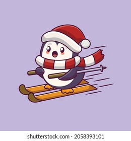 cute penguin with nowshoeing winter activity and christmas concept