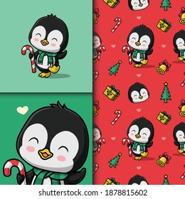 Cute penguin on a christmas. Seamless pattern and card.