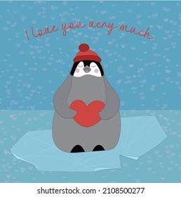 cute penguin on an ice floe holding a heart. penguin in a hat. inscription I love you very much. vector illustration
