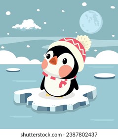 Cute penguin on ice floe cartoon
