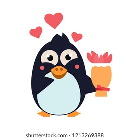 Cute Penguin on Iceberg with Flowers. Vector Illustration