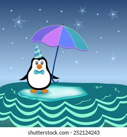 cute penguin on iceberg with umbrella in hand