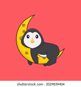 Cute penguin is on the moon. Animal cartoon concept isolated. Can used for t-shirt, greeting card, invitation card or mascot.