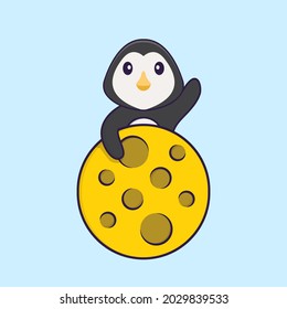 Cute penguin is on the moon. Animal cartoon concept isolated. Can used for t-shirt, greeting card, invitation card or mascot.