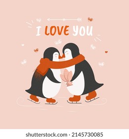Cute penguin on the skates characters vector cartoon illustration for card. 