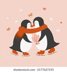 Cute penguin on the skates characters vector cartoon illustration for card, gift box, banner on valentine day.