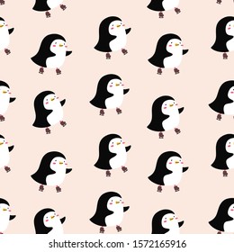 Cute penguin on skates. Vector seamless pattern in Scandinavian, Doodle style. Print for children's design
