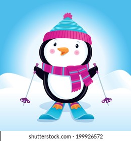 Cute Penguin On Skis