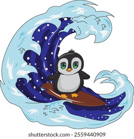 Cute penguin on surfboard riding on big wave vector