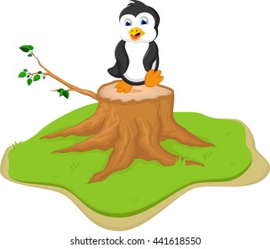 cute penguin on tree stump