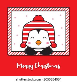 Cute penguin on the window greeting merry christmas and happy new year cartoon doodle card illustration flat cartoon style