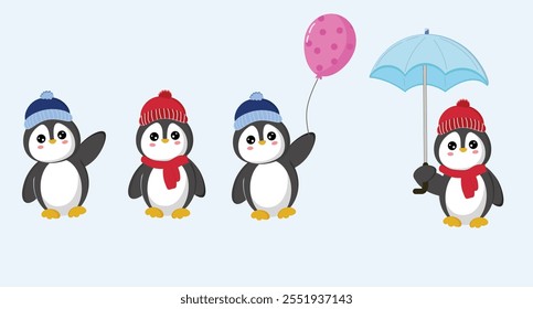 Cute penguin on winter holiday, holding balloon and umbrella. Vector illustration set.