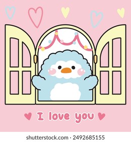 Cute penguin open the window with heart background.I love you text.Bird animal character cartoon design.Image for card,sticker,baby product.Kawaii.Vector.Illustration