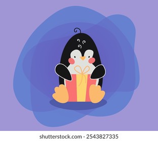 Cute penguin opening gift box vector illustration. Funny comic cartoon character wiith present, celebration of winter holidays: Christmas, New Year. Winter activities concept