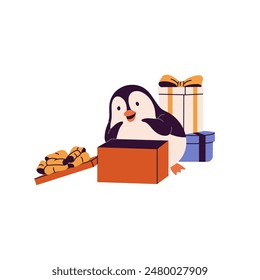 Cute penguin opens Christmas, Xmas gift. Animal baby rejoices at New Year presents. North bird is happy with surprise, giftbox in winter holidays. Flat isolated vector illustration on white background