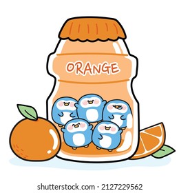 Cute penguin in orange flavor milk bottle.Animal character cartoon design.Sweet drinking.Fruit.Isolated.Kawaii.Vector.Illustration.