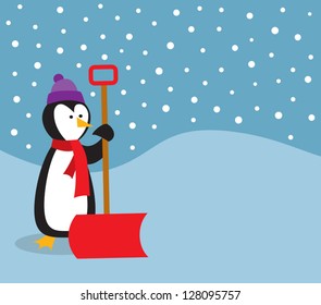 A Cute Penguin Out In The Snow Holding A Snow Shovel.