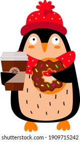 Cute penguin with paper cup of coffee and donut. Winter time, day off leisure. Funny animal, cartoon character, vector illustration isolated on white, flat design