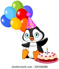 Cute Penguin with party hat holding balloons