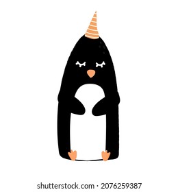 Cute penguin with party hat.vector illustration.