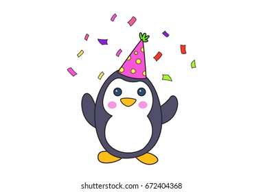 Cute Penguin partying. Vector Illustration. Isolated on white background.