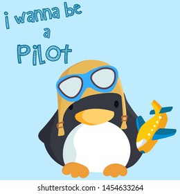 Cute penguin pilot costume with plane cartoon vector illustration