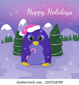 Cute penguin in the pink hat with holiday lollipop around Christmas trees, winter landscape. Happy Holidays card. Vector illustration in flat cartoon style