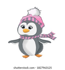 Cute penguin in a pink hat and scarf. Vector children's illustration for clothes, stickers, room decoration