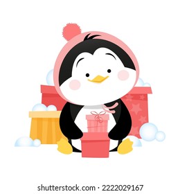 Un pingüino lindo con un sombrero rosa sentado con regalos en las manos y regalos en la espalda y bolas de nieve
