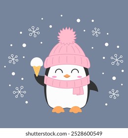 Cute penguin pink winter hat ice cream character cartoon happy smile holiday snow vector illustration.