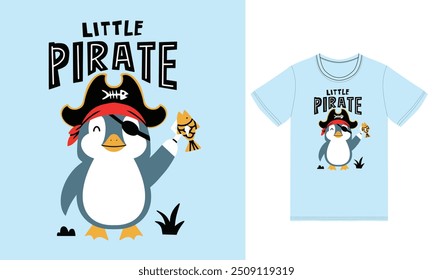 Cute penguin pirate illustration with tshirt design premium vector the Concept of Isolated Technology. Flat Cartoon Style Suitable for Landing Web Pages,T shirt, Flyers, Stickers