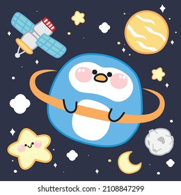 Cute Penguin Planet With Star,moon,satellite Cartoon.Animal Character Design.Galaxy.Kawaii.Isolated.Vector.Illustration.