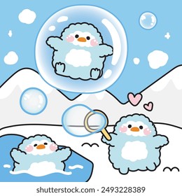 Cute penguin play soap bubble on the ice.Penguin stay in bubble on sky and mountain background.Pole.Snow.Winter.Bird animal character cartoon design.Kawaii.Vector.Illustration.