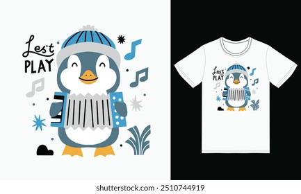 Cute penguin playing accordion with tshirt design premium vector the Concept of Isolated Technology. Flat Cartoon Style Suitable for Landing Web Pages,T shirt, Flyers, Stickers