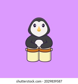 Cute penguin is playing drums. Animal cartoon concept isolated. Can used for t-shirt, greeting card, invitation card or mascot.