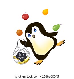 Cute penguin playing with fruit and carrying own crochet eco bag to shop. Environment concept to save animals and planet by carrying own bag for shopping. Flat vector illustration for winter holidays 