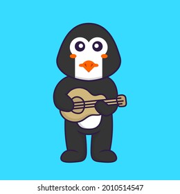 Cute penguin playing guitar. Animal cartoon concept isolated. Can used for t-shirt, greeting card, invitation card or mascot.