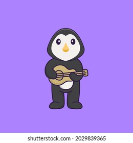 Cute penguin playing guitar. Animal cartoon concept isolated. Can used for t-shirt, greeting card, invitation card or mascot.